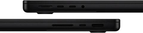 Porty MacBooku Pro – levá strana: MagSafe 3, dva porty Thunderbolt, sluchátkový konektor – pravá strana: slot na karty SDXC, jeden port Thunderbolt, HDMI